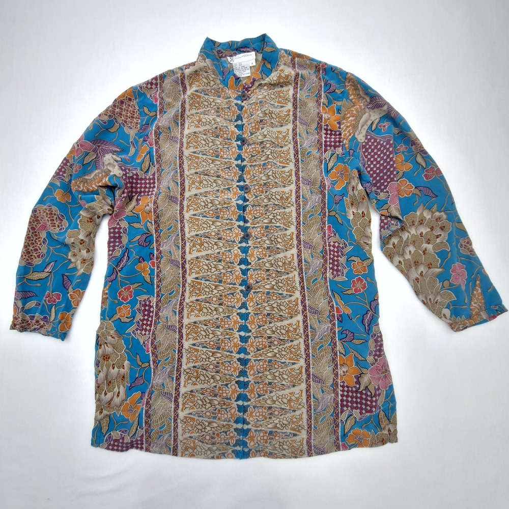 Diane Gilman Tunic Womens Medium Blue Silk Peacock Floral Batik Art to Wear